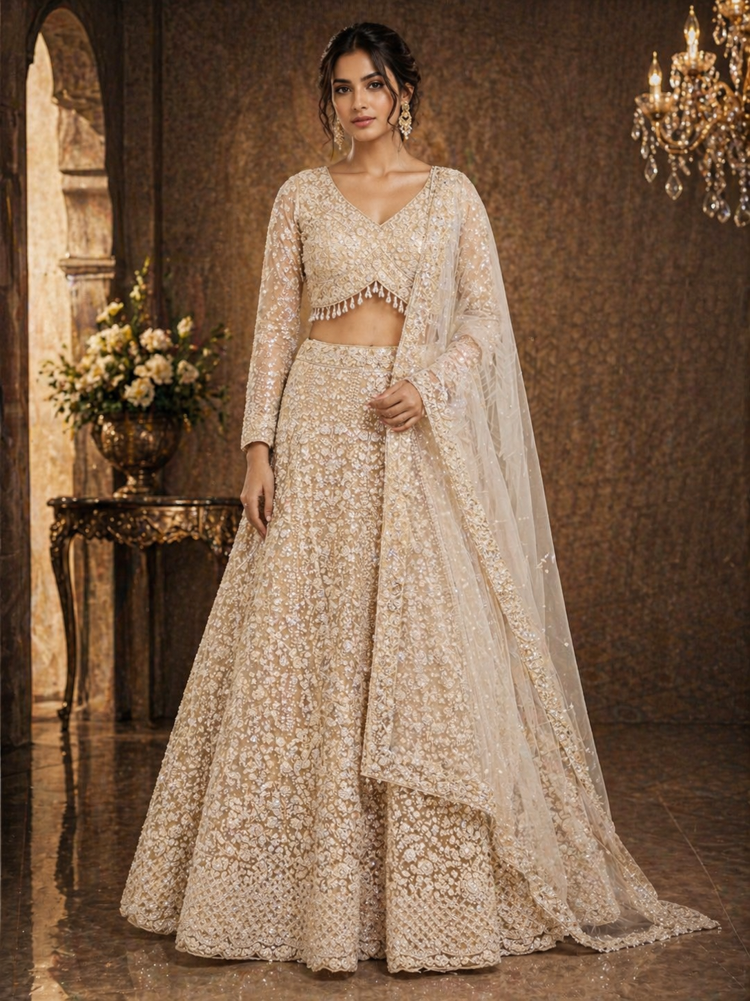 Women's Champagne Gold Embroidered Net Lehenga Choli with Dupatta
